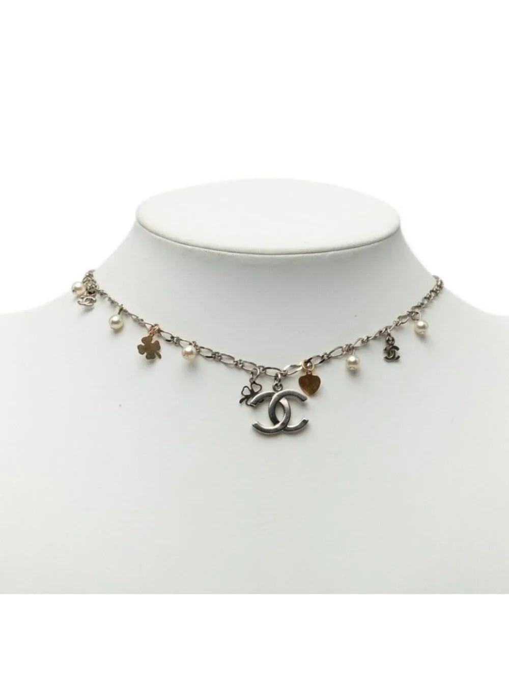 Chanel CC Logo Chain Pendant Silver Metal Faux Pearl